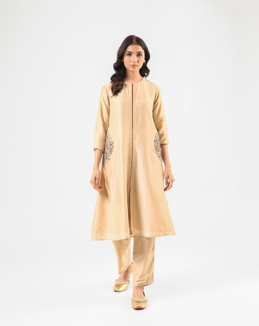 Beige Front-Button Kurta Set with Embroidery on Pockets