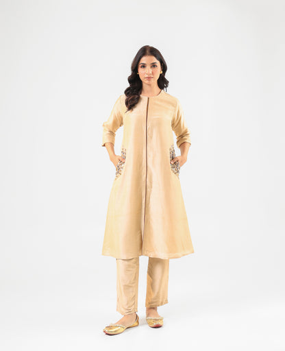 Beige Front-Button Kurta Set with Embroidery on Pockets