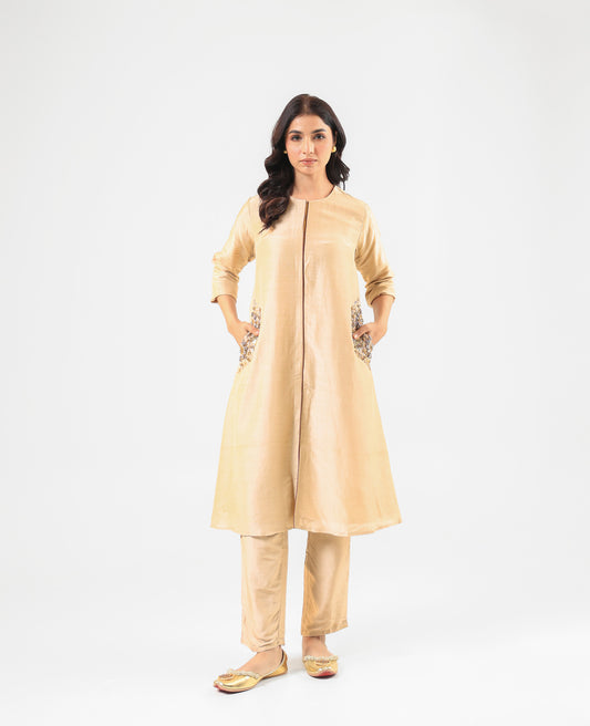 Beige Front-Button Kurta Set with Embroidery on Pockets