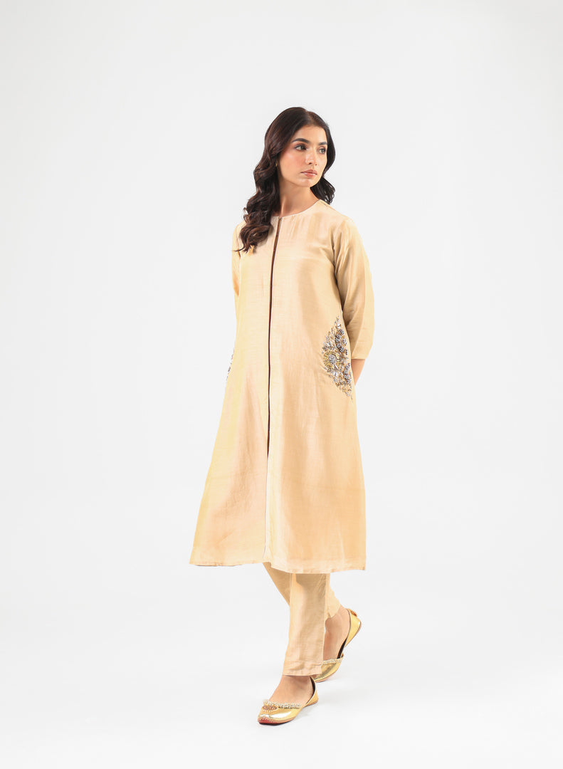 Beige Front-Button Kurta Set with Embroidery on Pockets