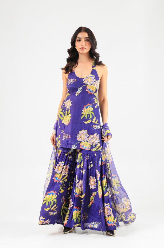 Deep Blue Floral Halter Kurta Sharara Set with Organza Dupatta