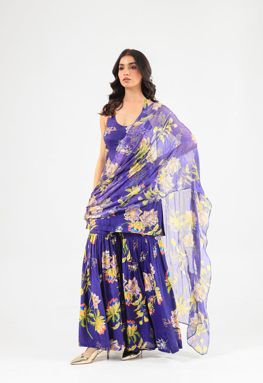 Deep Blue Floral Halter Kurta Sharara Set with Organza Dupatta