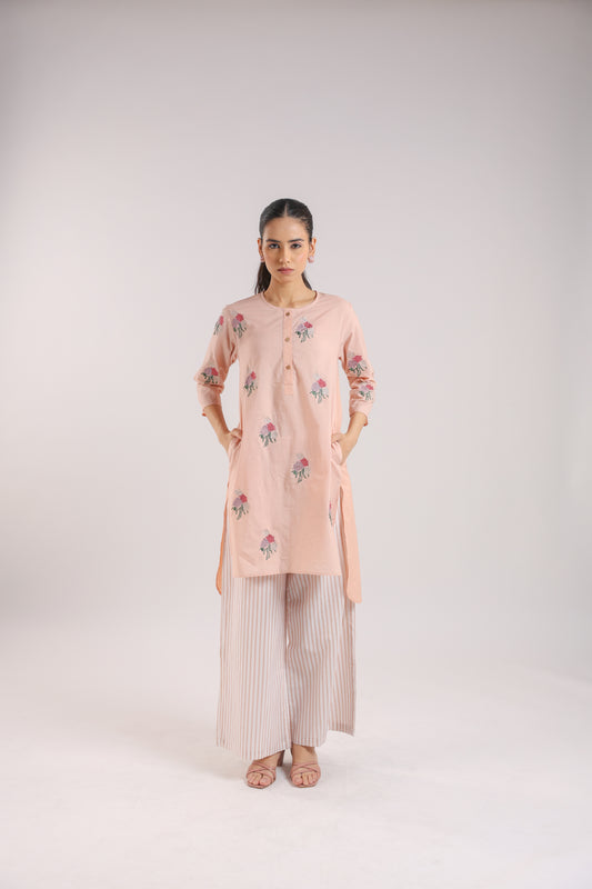 Nude Pink Cotton Embroidered Kurta Set
