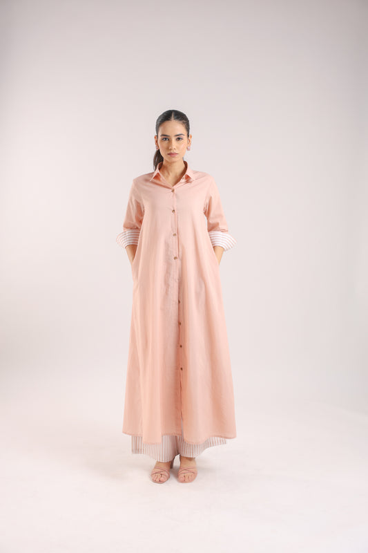 Nude Pink Cotton Collared A-line Kurta Set with Striped Pants