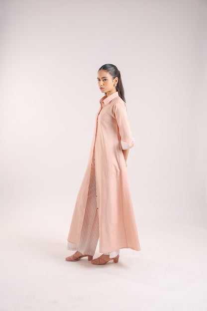 Nude Pink Cotton Collared A-line Kurta Set with Striped Pants