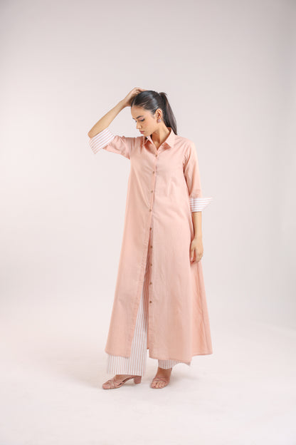 Nude Pink Cotton Collared A-line Kurta Set with Striped Pants