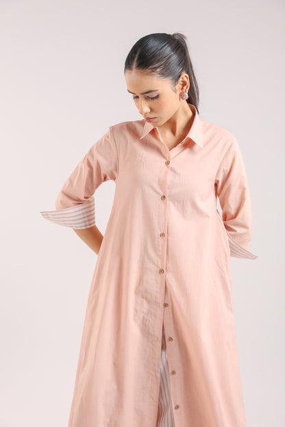 Nude Pink Cotton Collared A-line Kurta Set with Striped Pants