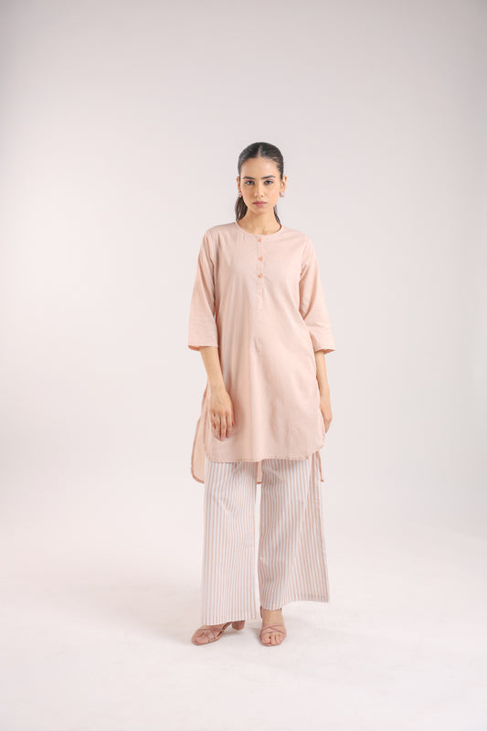 Nude Pink Cotton Kurta Set with Striped Pants