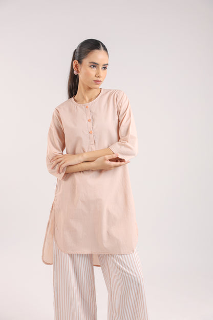 Nude Pink Cotton Kurta Set with Striped Pants