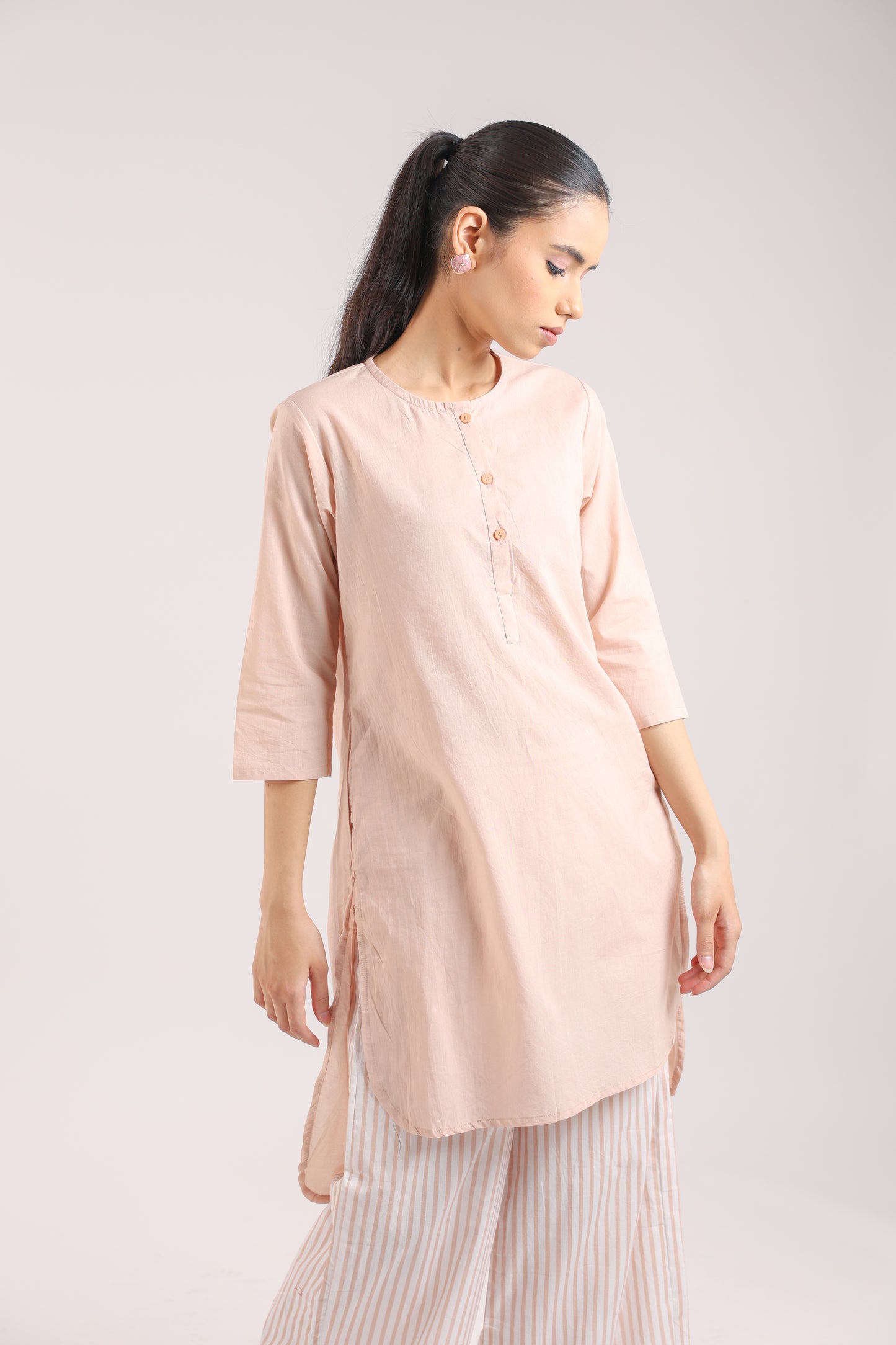 Nude Pink Cotton Kurta Set with Striped Pants