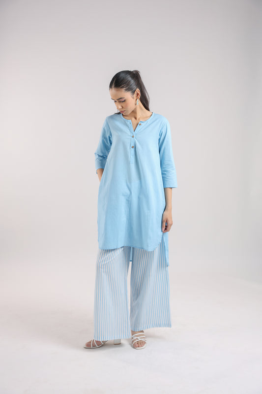 Ice Blue Cotton Kurta Set with Striped Pants