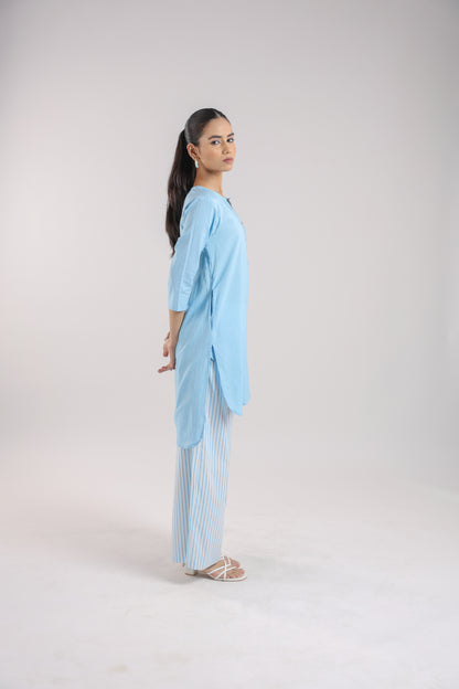 Ice Blue Cotton Kurta Set with Striped Pants