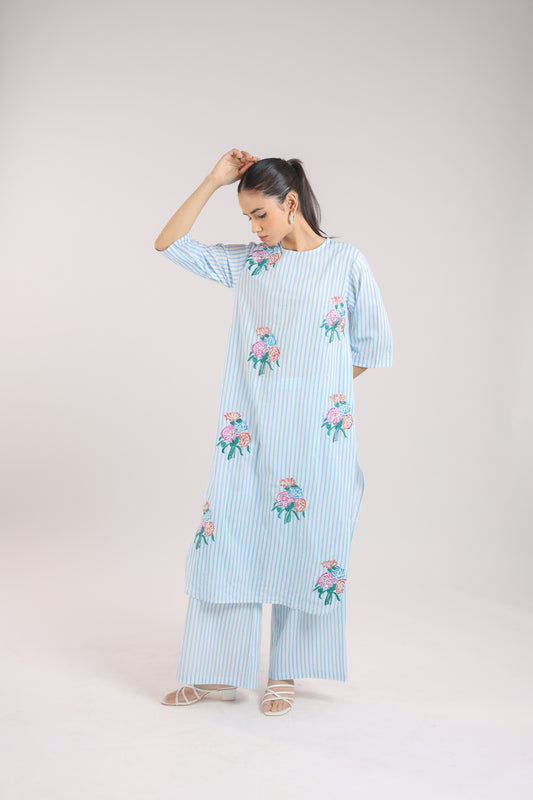Ice Blue Striped Kurta Set with Floral Embroidery