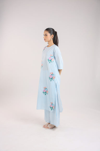 Ice Blue Striped Kurta Set with Floral Embroidery