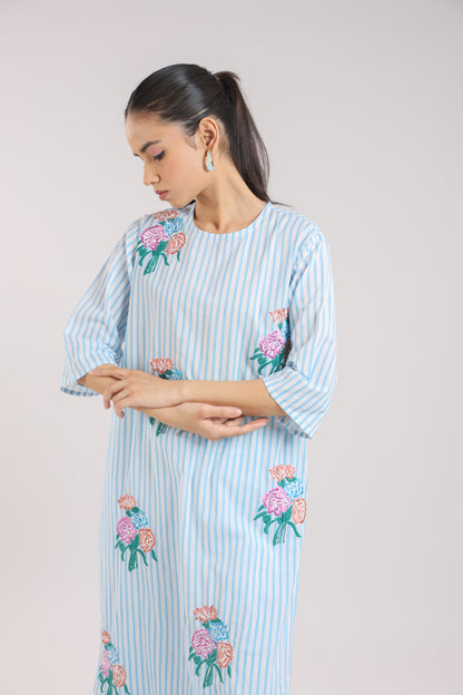 Ice Blue Striped Kurta Set with Floral Embroidery