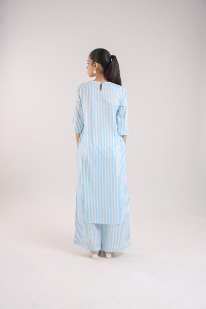 Ice Blue Striped Kurta Set with Floral Embroidery