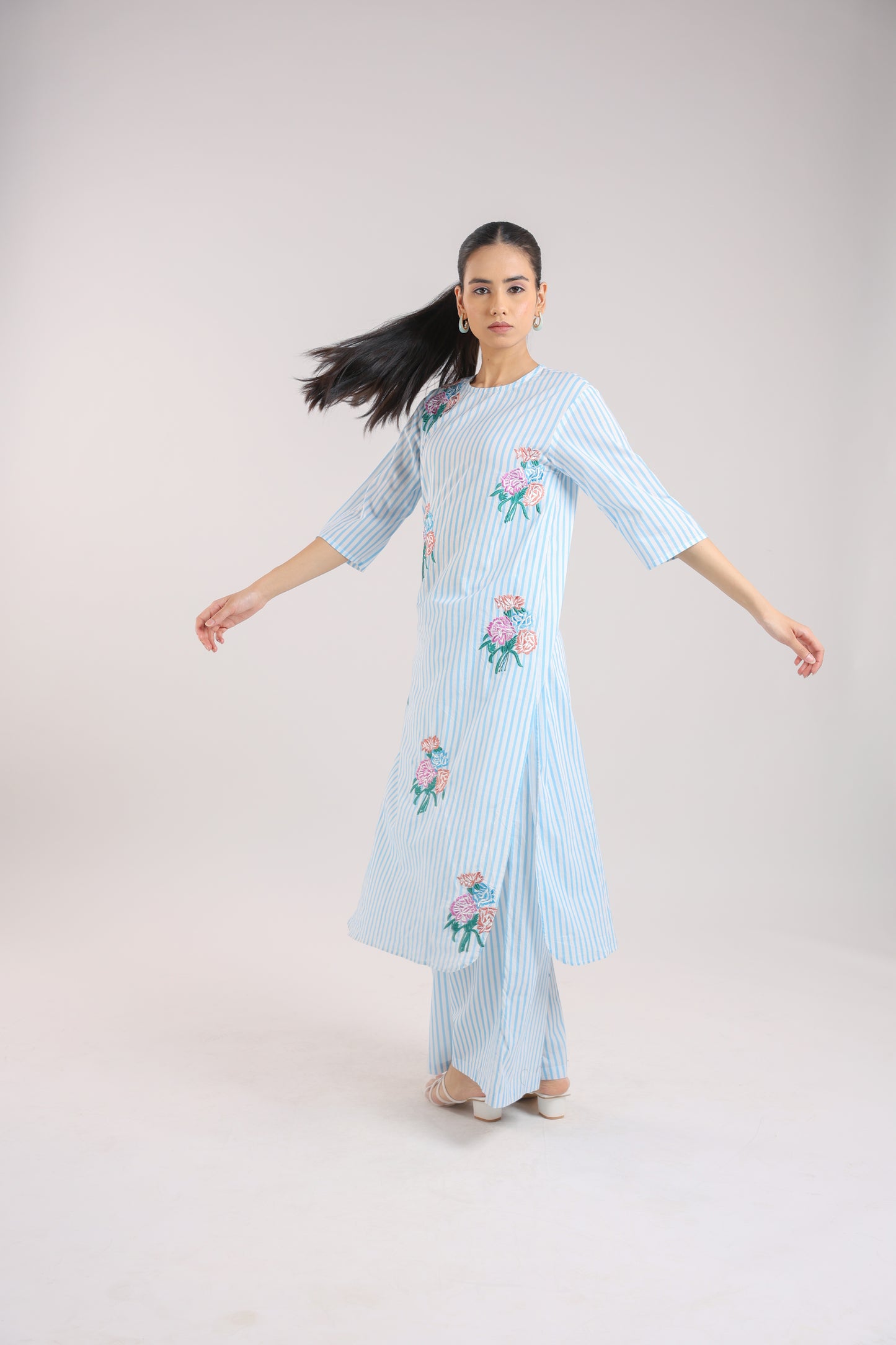 Ice Blue Striped Kurta Set with Floral Embroidery