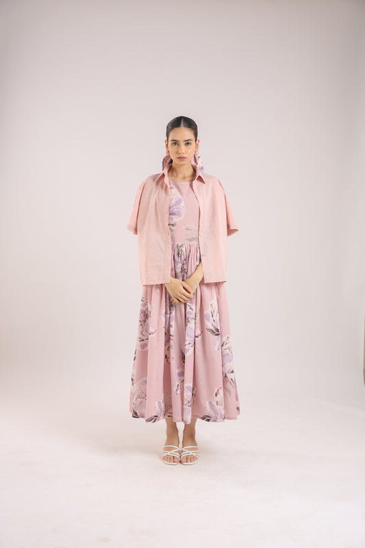 Dust Rose Flared Long Dress paired with a Shirt