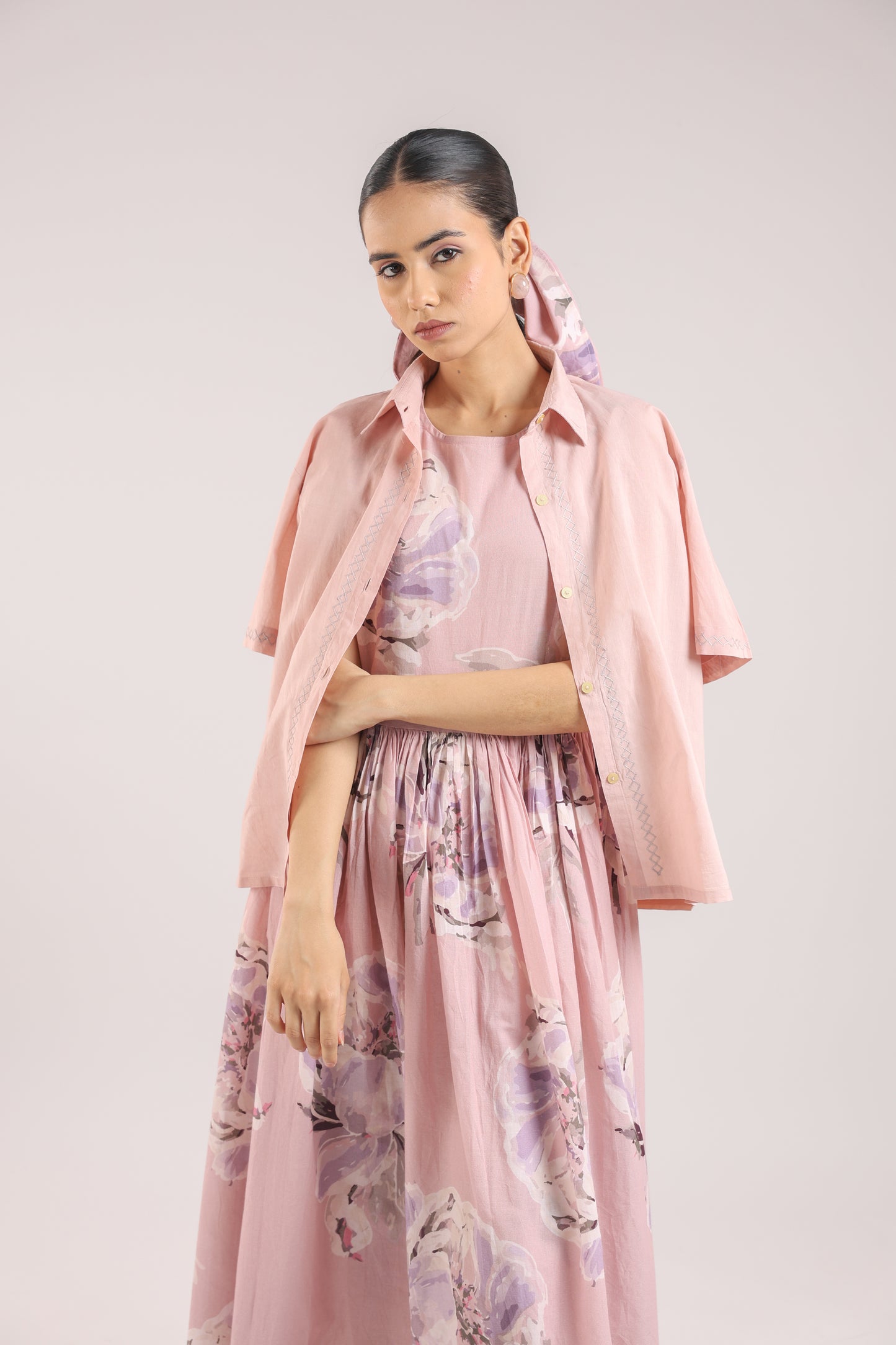 Dust Rose Flared Long Dress paired with a Shirt
