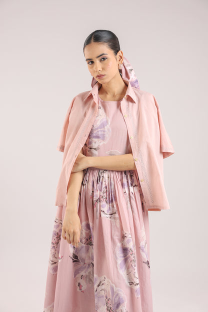 Dust Rose Flared Long Dress paired with a Shirt
