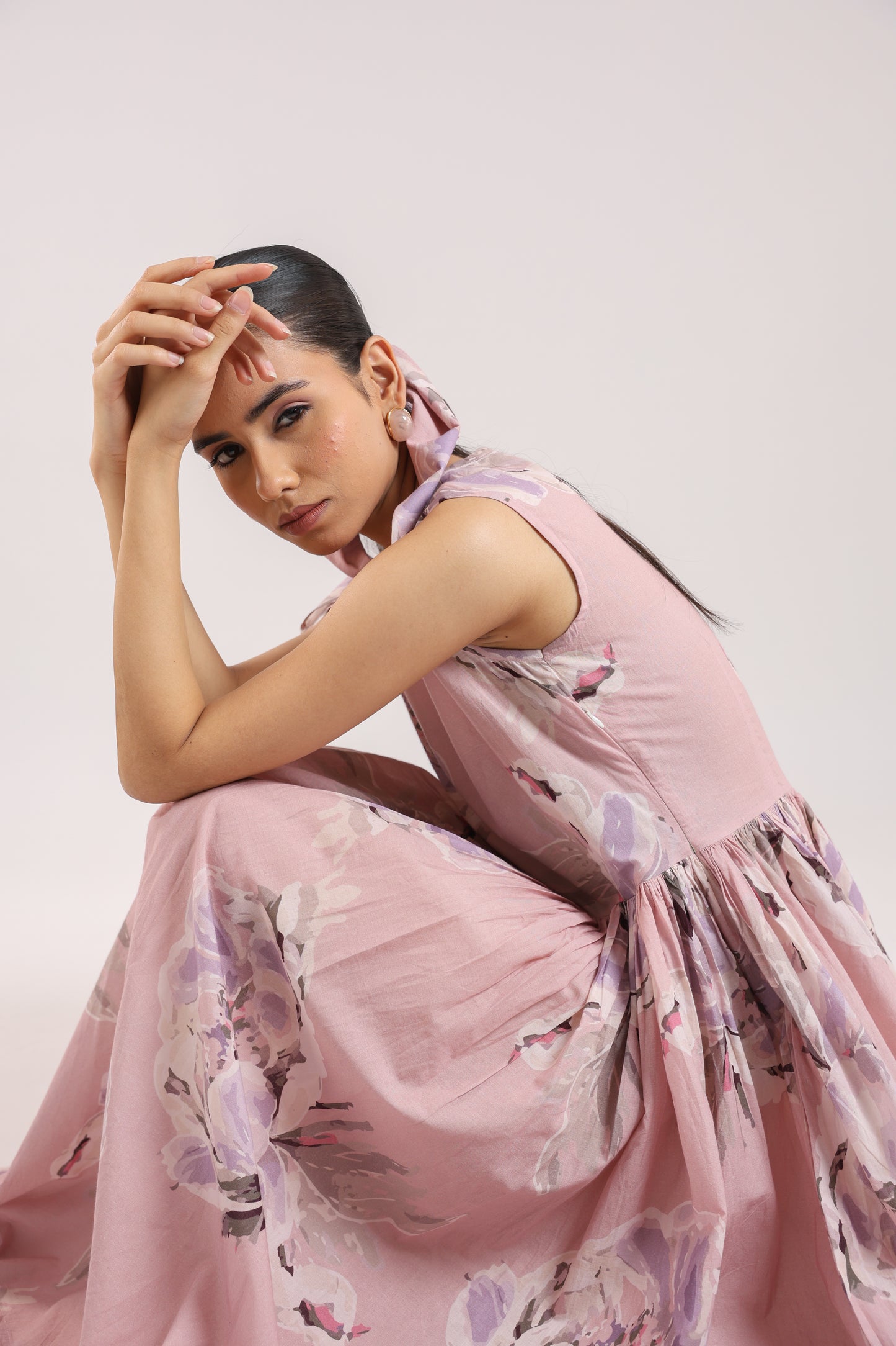 Dust Rose Flared Long Dress paired with a Shirt