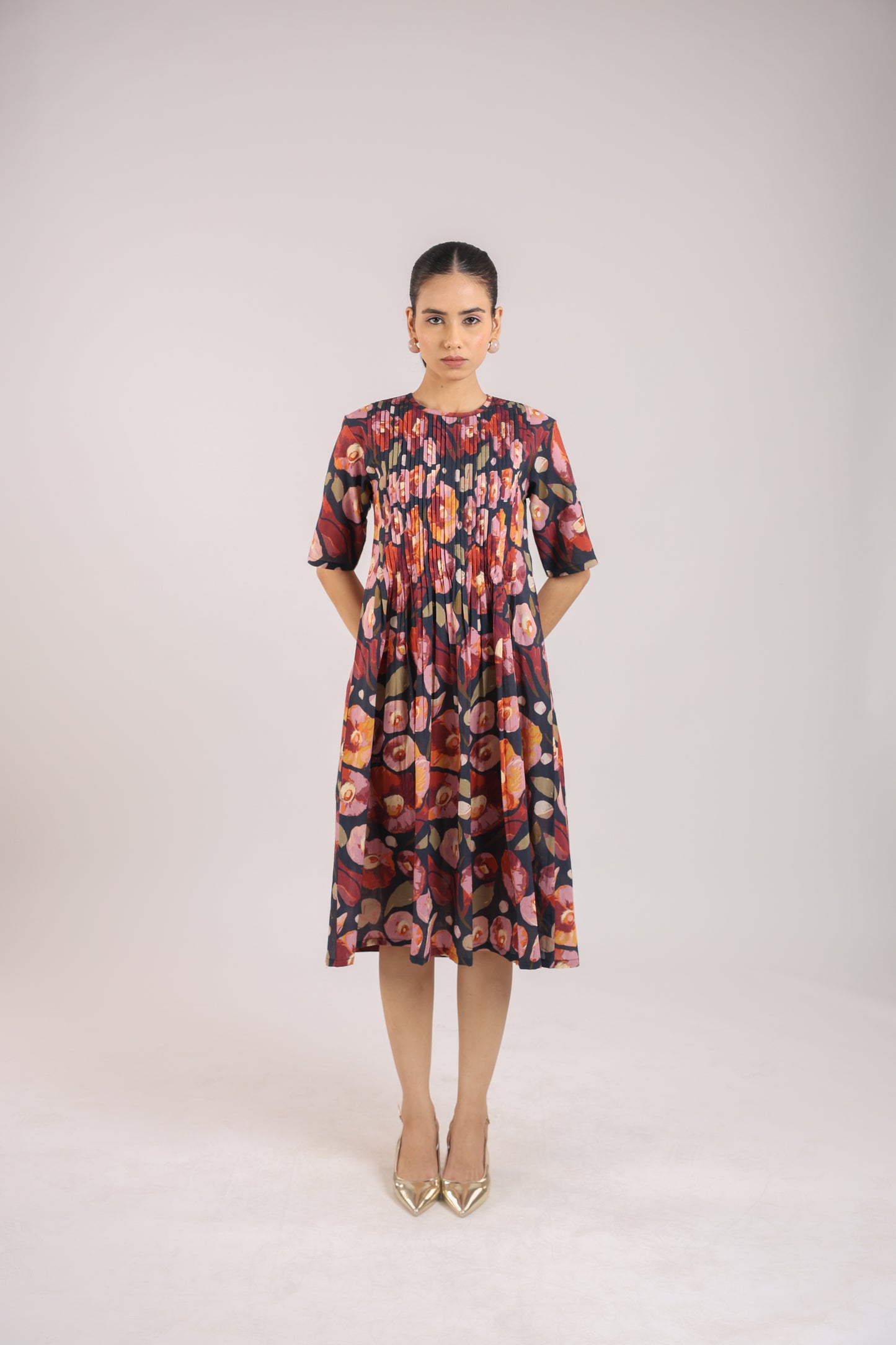Black Floral Elbow Sleeve Dress