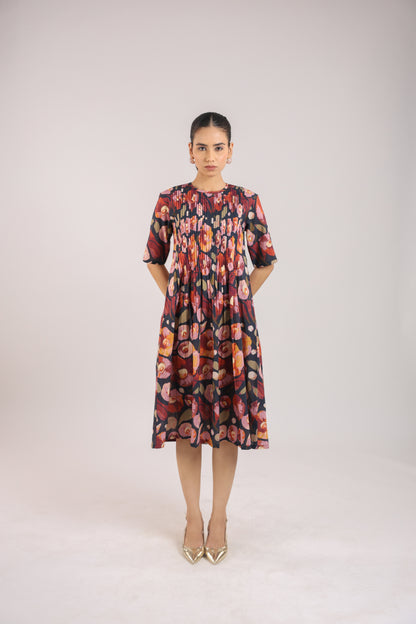 Black Floral Elbow Sleeve Dress