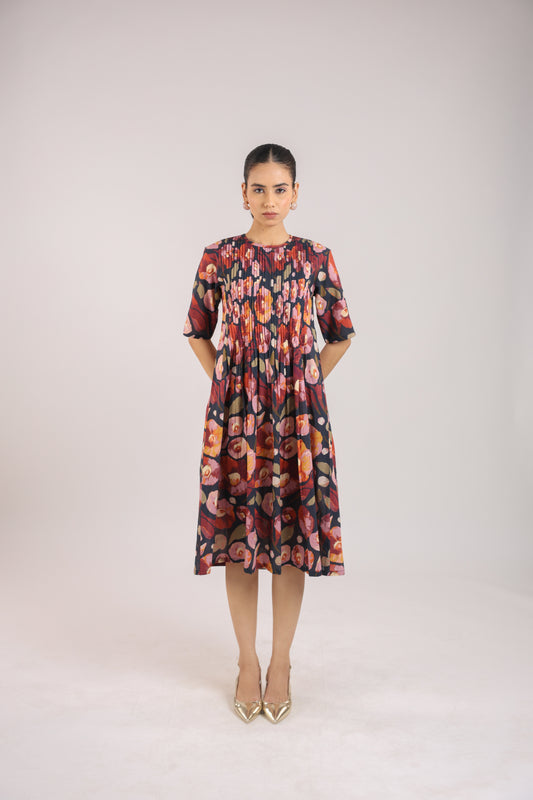 Black Floral Elbow Sleeve Dress