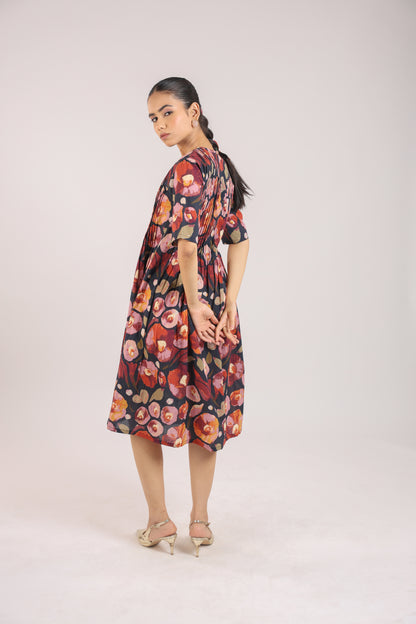 Black Floral Elbow Sleeve Dress