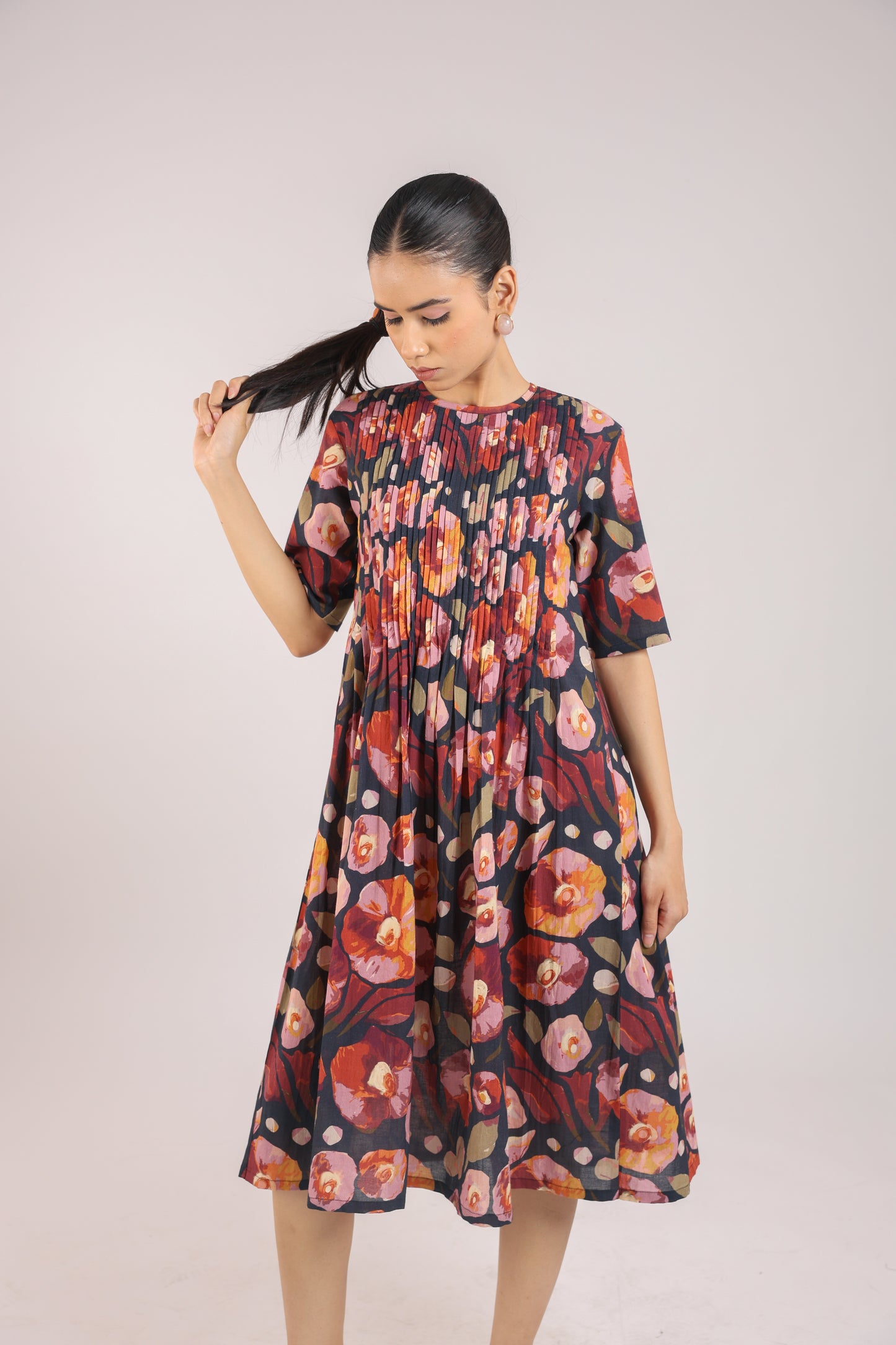 Black Floral Elbow Sleeve Dress