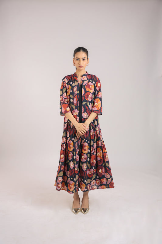 Black Floral shirt dress paired with a slip