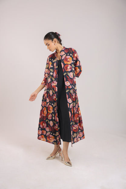 Black Floral shirt dress paired with a slip