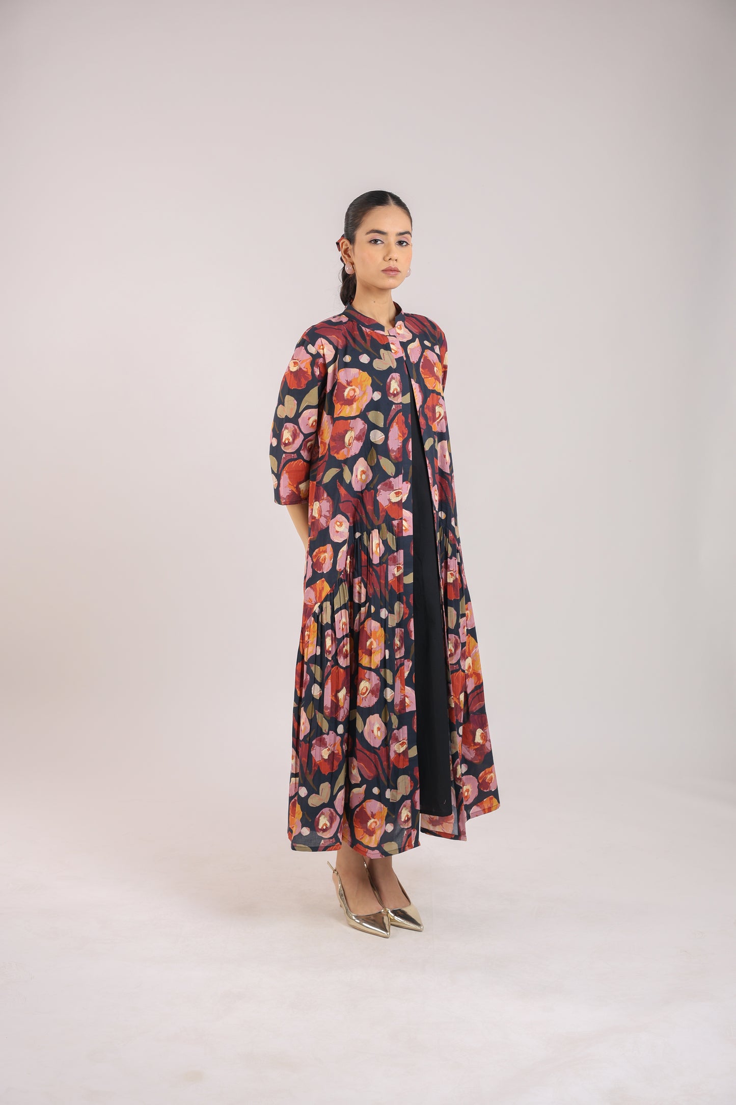 Black Floral shirt dress paired with a slip