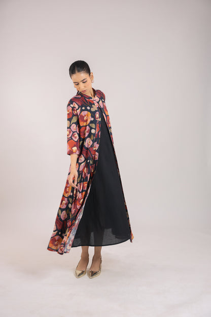 Black Floral shirt dress paired with a slip