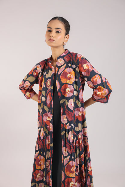 Black Floral shirt dress paired with a slip