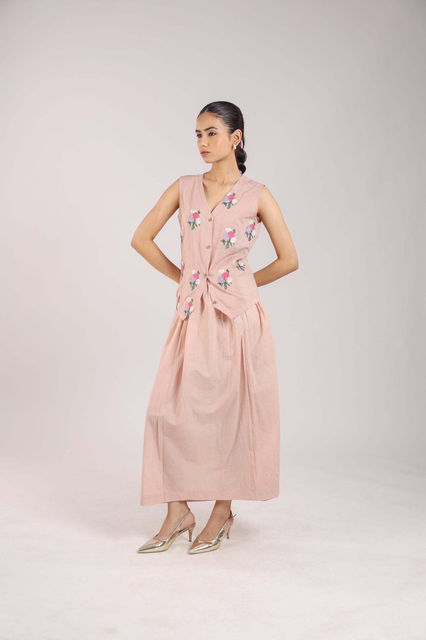 Nude Pink Embroidered Waist coat with skirt