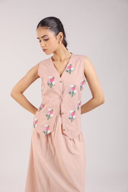 Nude Pink Embroidered Waist coat with skirt