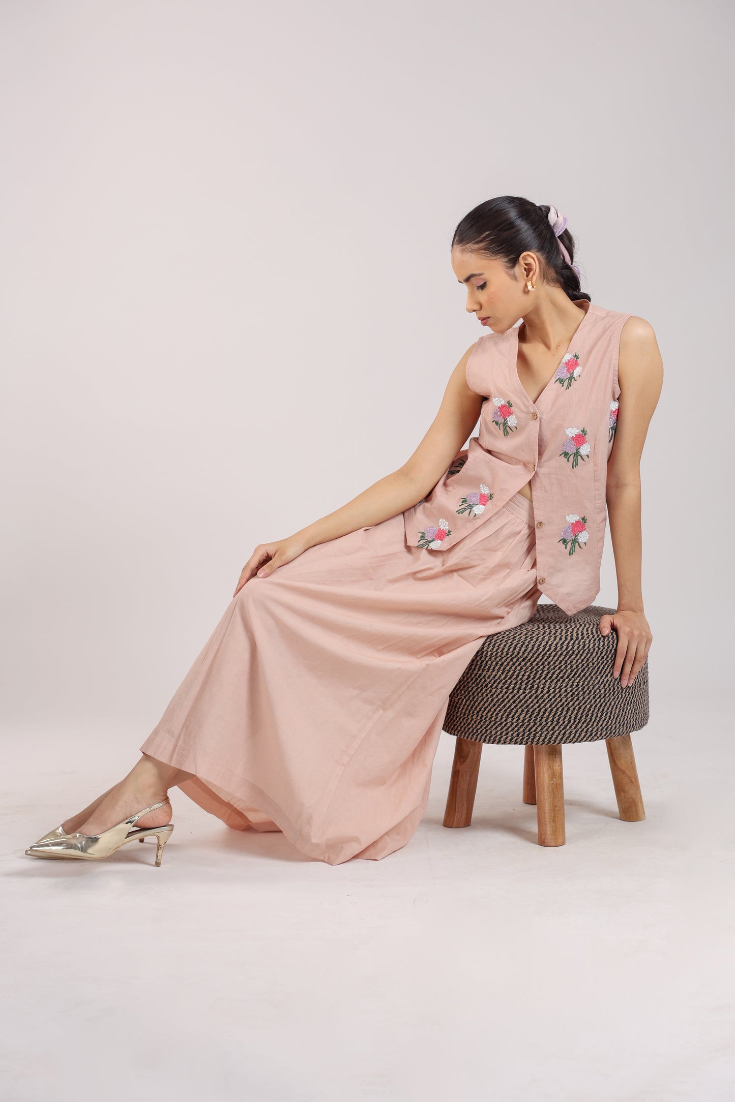 Nude Pink Embroidered Waist coat with skirt