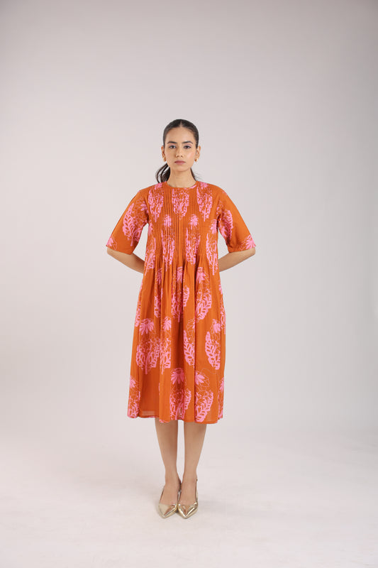 Rust Orange Floral Elbow sleeve Dress