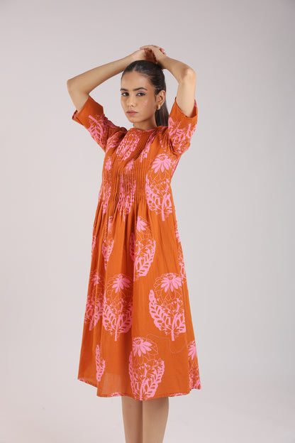 Rust Orange Floral Elbow sleeve Dress