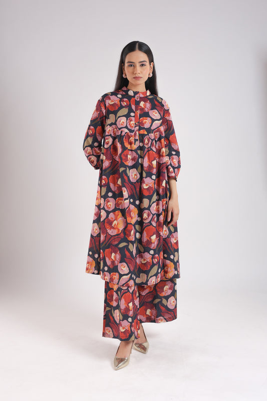 Black Floral Print Kurta Set