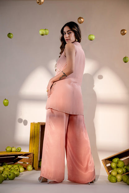 Peach Two-Piece Co-ord Set with Embroidered Buttoned Top & Flared Pants