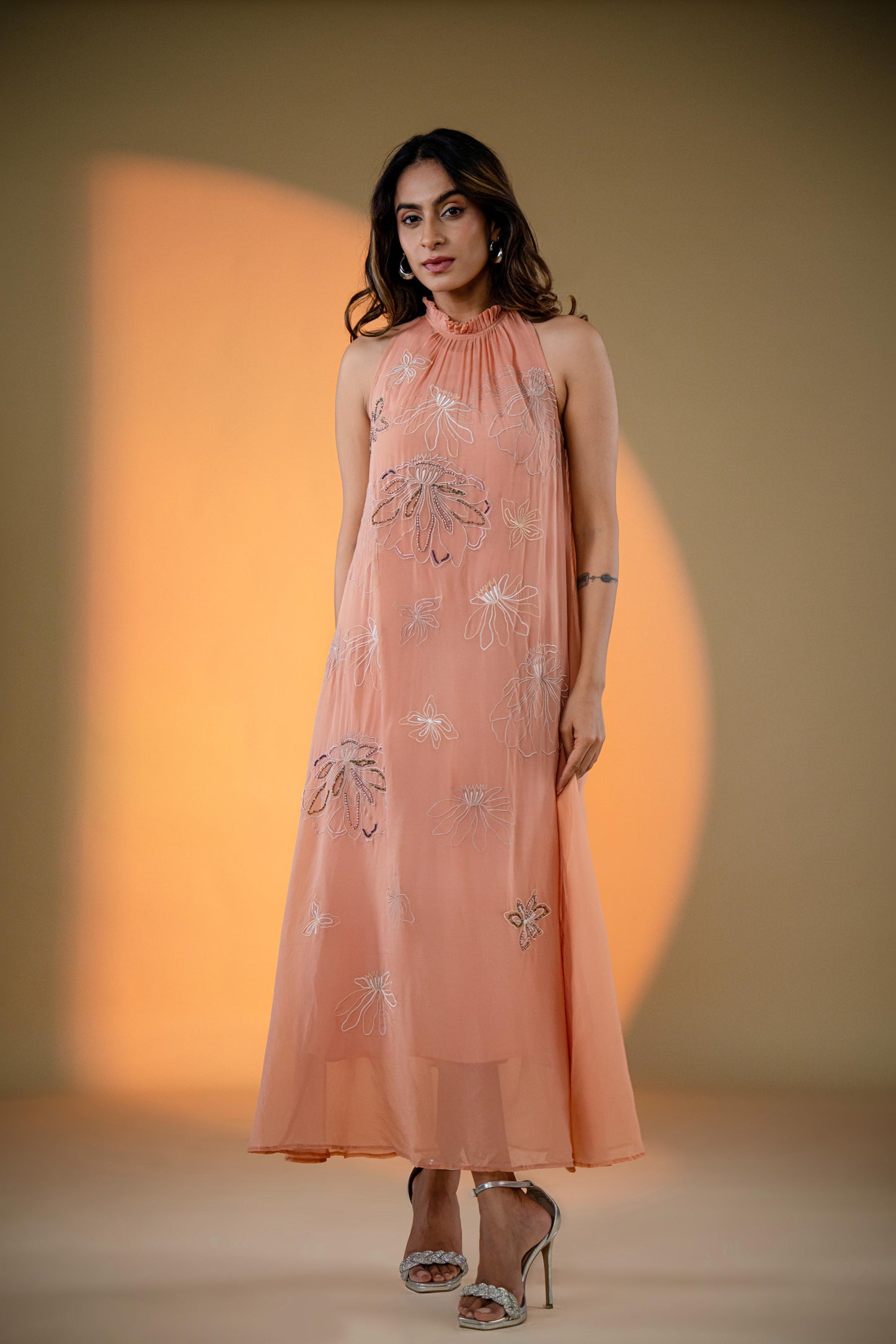 Peach Halter Neck Dress with Intricate Embroidery