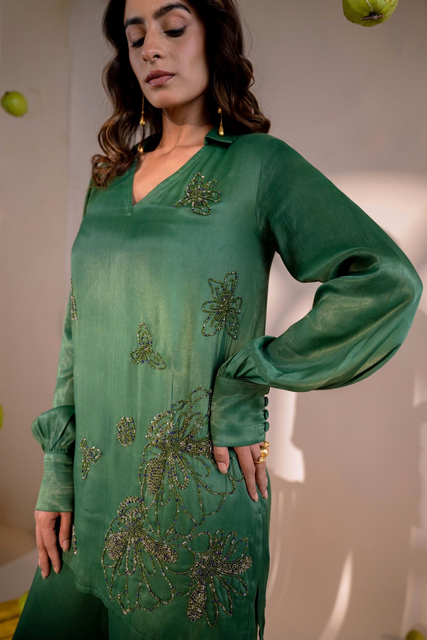 Evergreen Floral Embroidered Full-Sleeve Co-ord Set