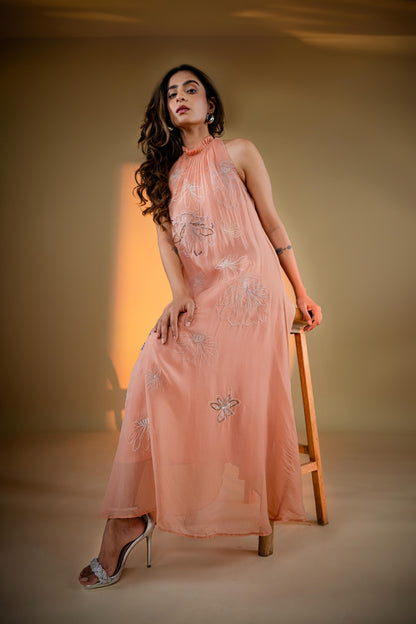 Peach Halter Neck Dress with Intricate Embroidery