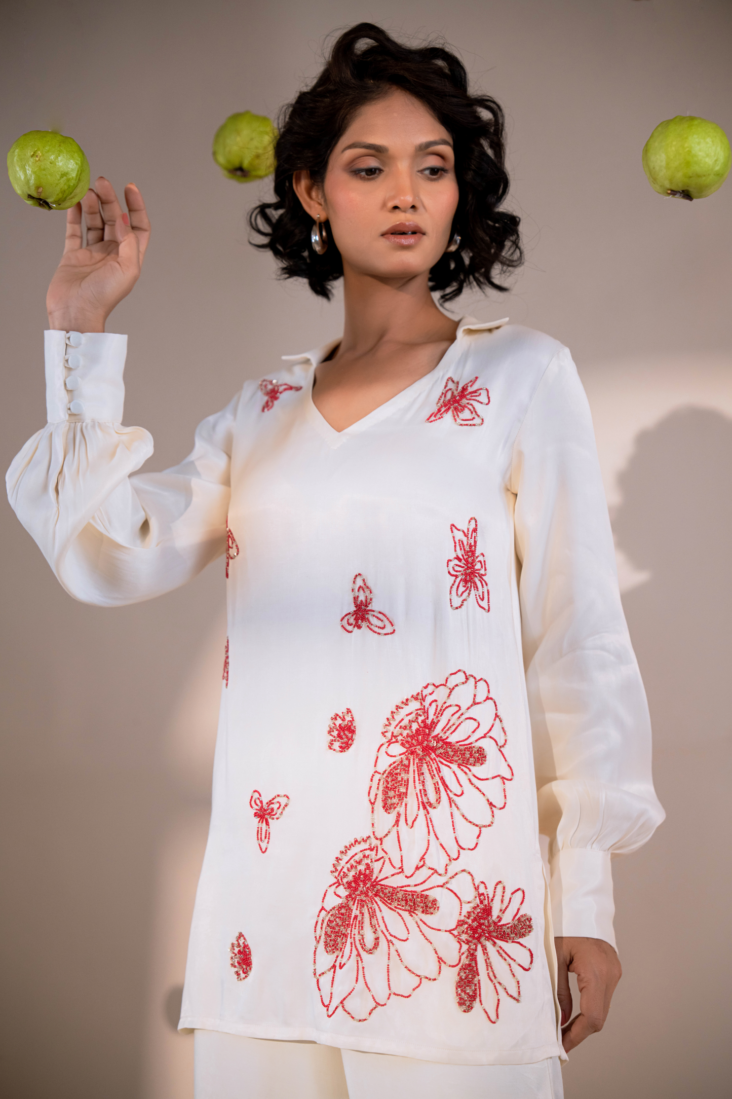 Off-White Embroidered Full-Sleeve Co-ord Set