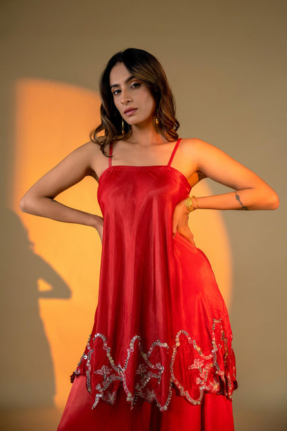 Red Sleeveless Kurta Set with Embroidery & Sharara