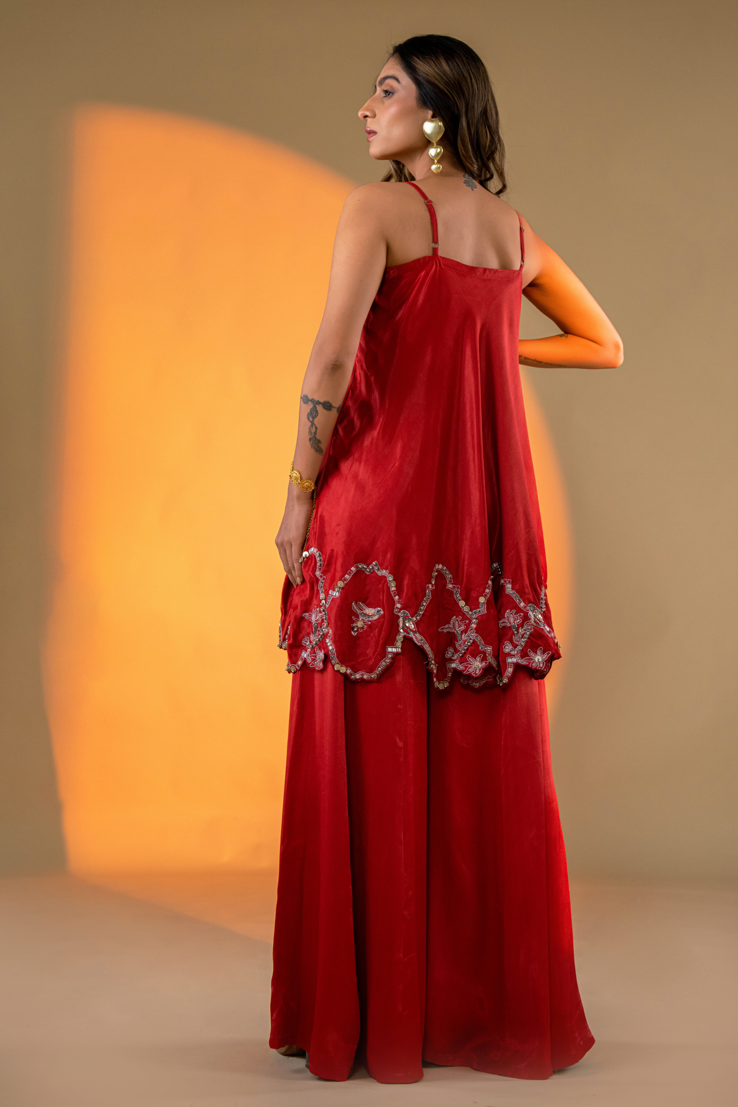 Red Sleeveless Kurta Set with Embroidery & Sharara