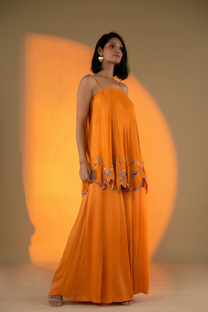 Rust Orange Sleeveless Kurta Set with Embroidery & Sharara