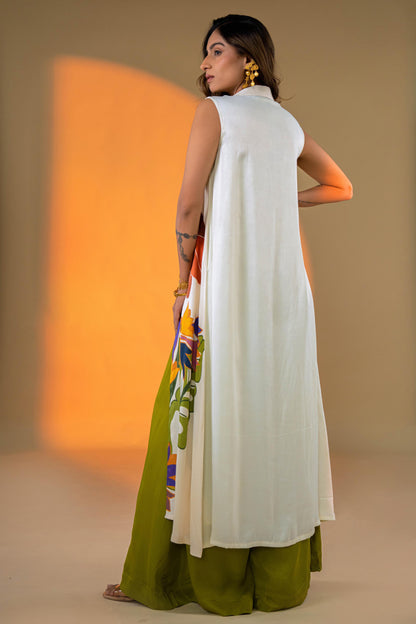 Off-White Sleeveless Kurta Set with Floral Embroidery & Green Flared Pants